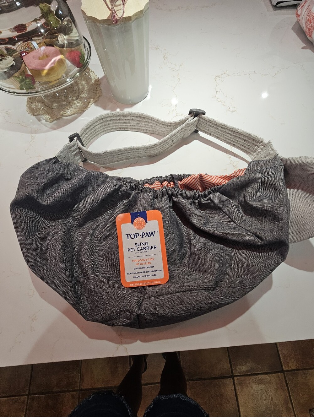 Top Paw Grey Sling Pet Carrier with Orange-Striped Interior